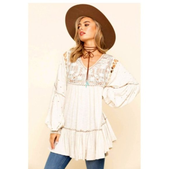 Free People Tops - NWT Free People Much Love Balloon Sleeve Embroidered Tunic Top
